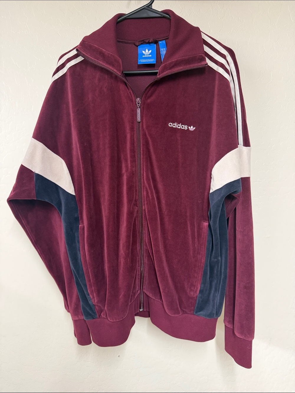 adidas Maroon Velour Track Jacket with Navy & Cream Accents Like New size Medium
